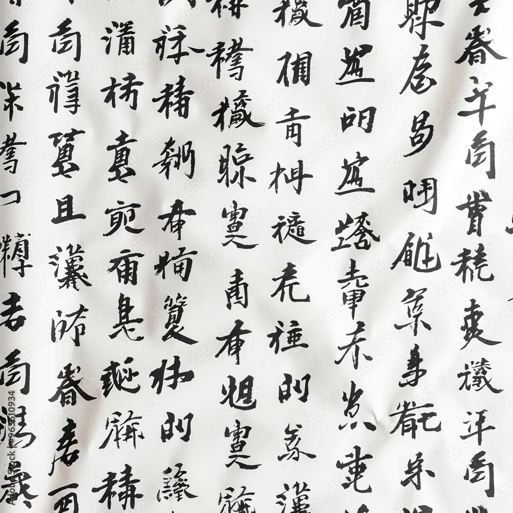 Fototapeta premium A close-up shot of a sheet of paper covered in Chinese characters, revealing the beauty of traditional writing and the intricate strokes of the brush. Generated with AI.