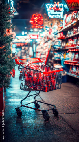 A shopping cart filled with festive goods in a colorful holiday market aisle during the evening