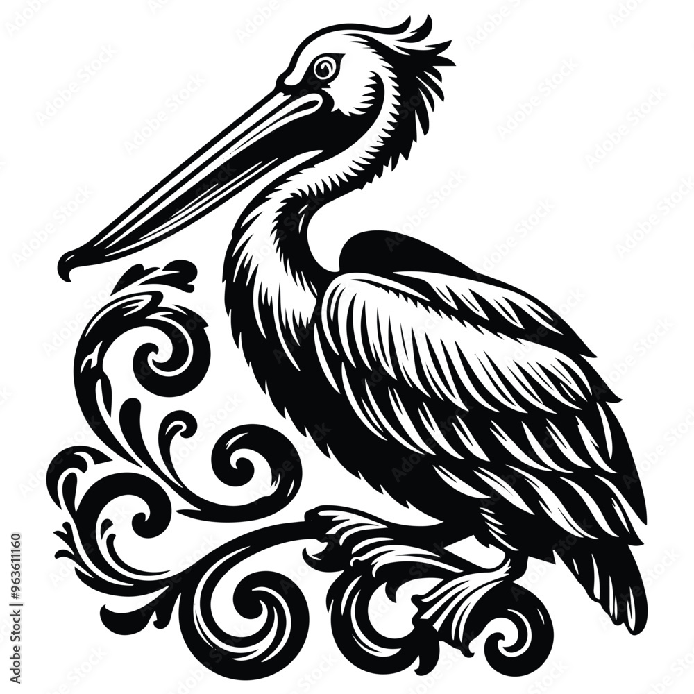 Pelican bird with victorian flourish decoration, stencil logo, black and white animal illustration Pelican bird with victorian flourish decoration, stencil logo, black and white animal illustration