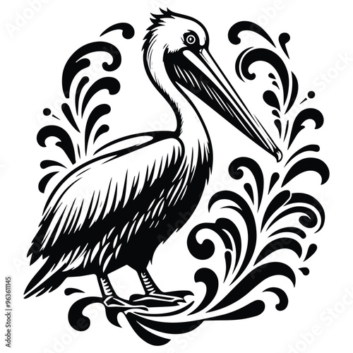 Pelican bird with victorian flourish decoration, stencil logo, black and white animal illustration