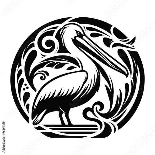 Wallpaper Mural Pelican bird with art nouveau decoration, stencil logo, black and white animal illustration Torontodigital.ca