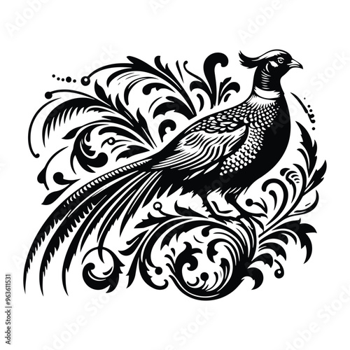 Pheasant bird with victorian flourish decoration, stencil logo, black and white animal illustration