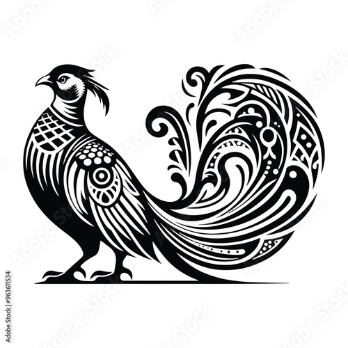 Pheasant bird with art nouveau decoration, stencil logo, black and white animal illustration