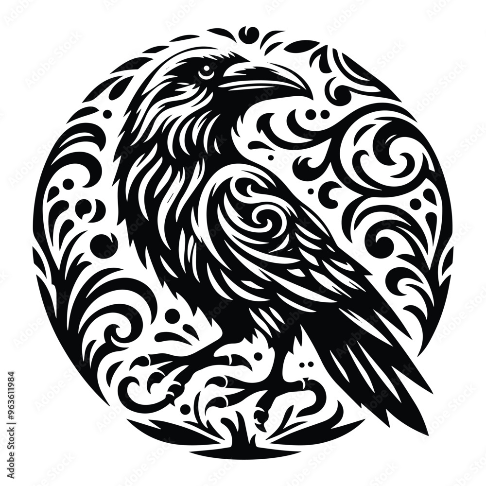 raven bird with victorian flourish decoration, stencil logo, black and white animal illustration raven bird with victorian flourish decoration, stencil logo, black and white animal illustration