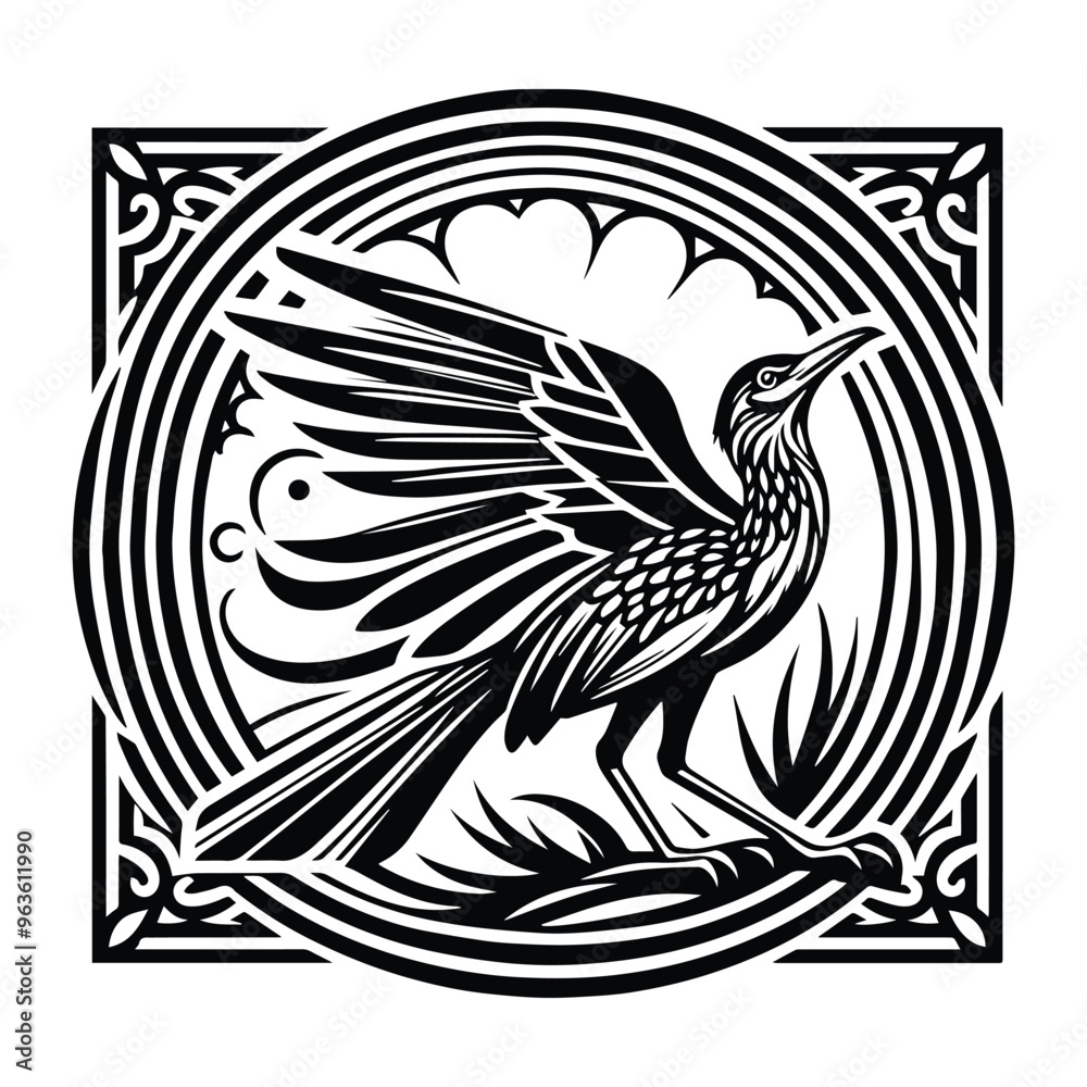 Obraz premium Roadrunner bird with art nouveau decoration, stencil logo, black and white animal illustration