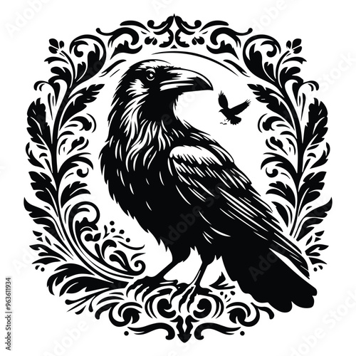 raven bird with victorian flourish decoration, stencil logo, black and white animal illustration