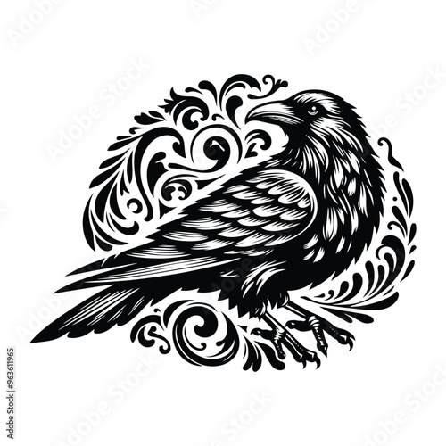 raven bird with victorian flourish decoration, stencil logo, black and white animal illustration