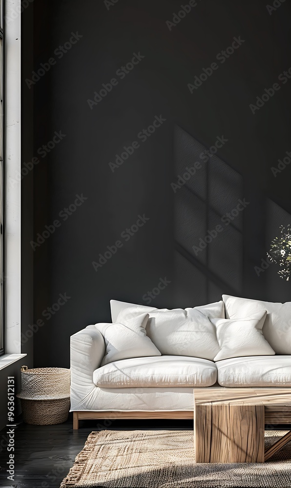 Modern lounge area with a refined black wall, featuring a comfortable white sofa and wooden coffee table near a window casting soft natural light. Modern lounge area with a refined black wall, featuring a comfortable white sofa and wooden coffee table near a window casting soft natural light.