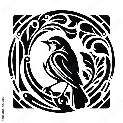 Robin bird with art nouveau decoration, stencil logo, black and white animal illustration
