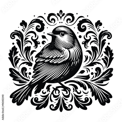 Robin bird with victorian flourish decoration, stencil logo, black and white animal illustration