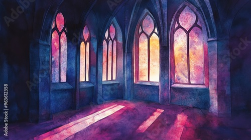 Gothic windows, moonlight streaming, casting shadows, Watercolor style photo