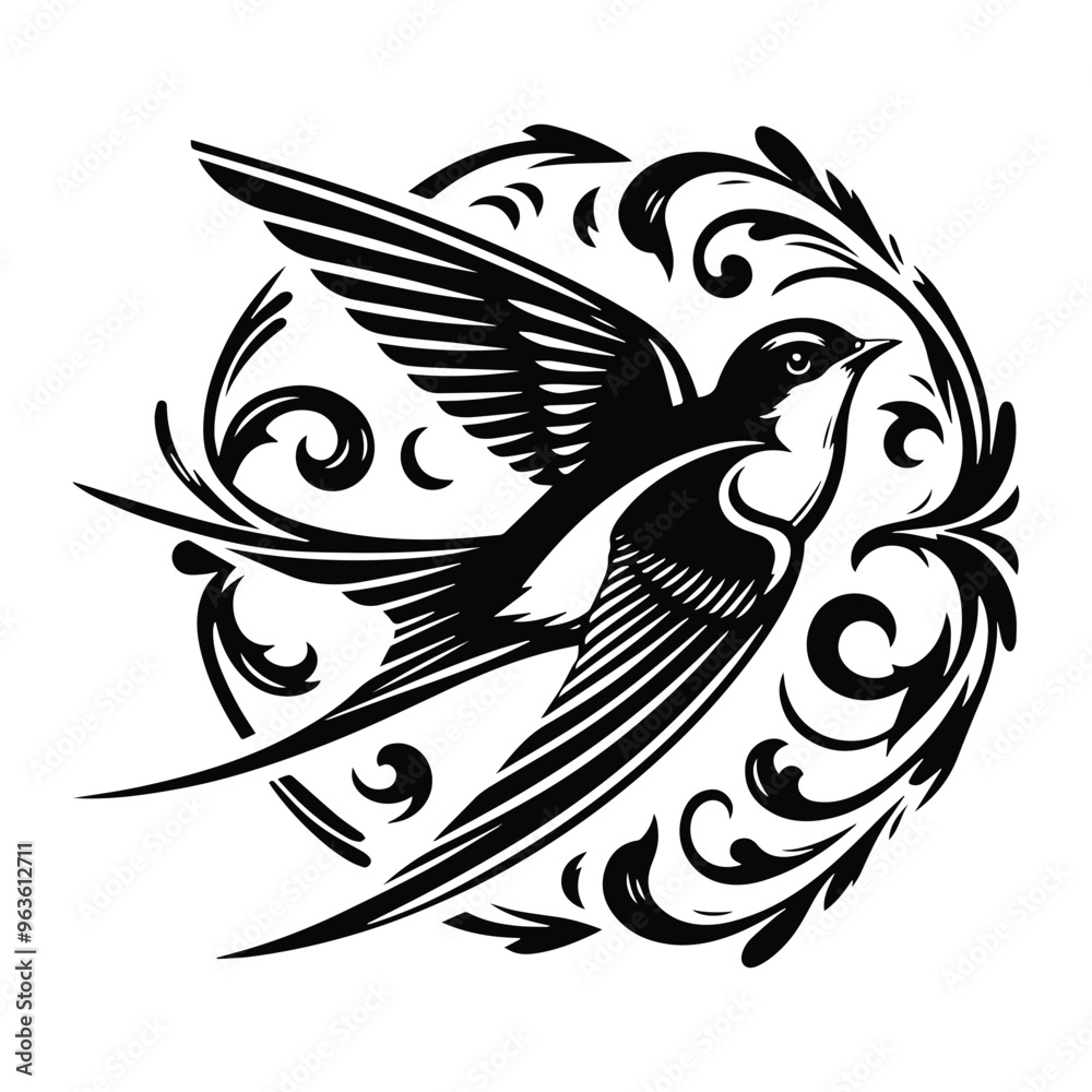 Fototapeta premium Swallow bird with victorian flourish decoration, stencil logo, black and white animal illustration