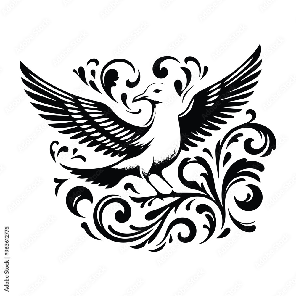Fototapeta premium Seagull bird with victorian flourish decoration, stencil logo, black and white animal illustration