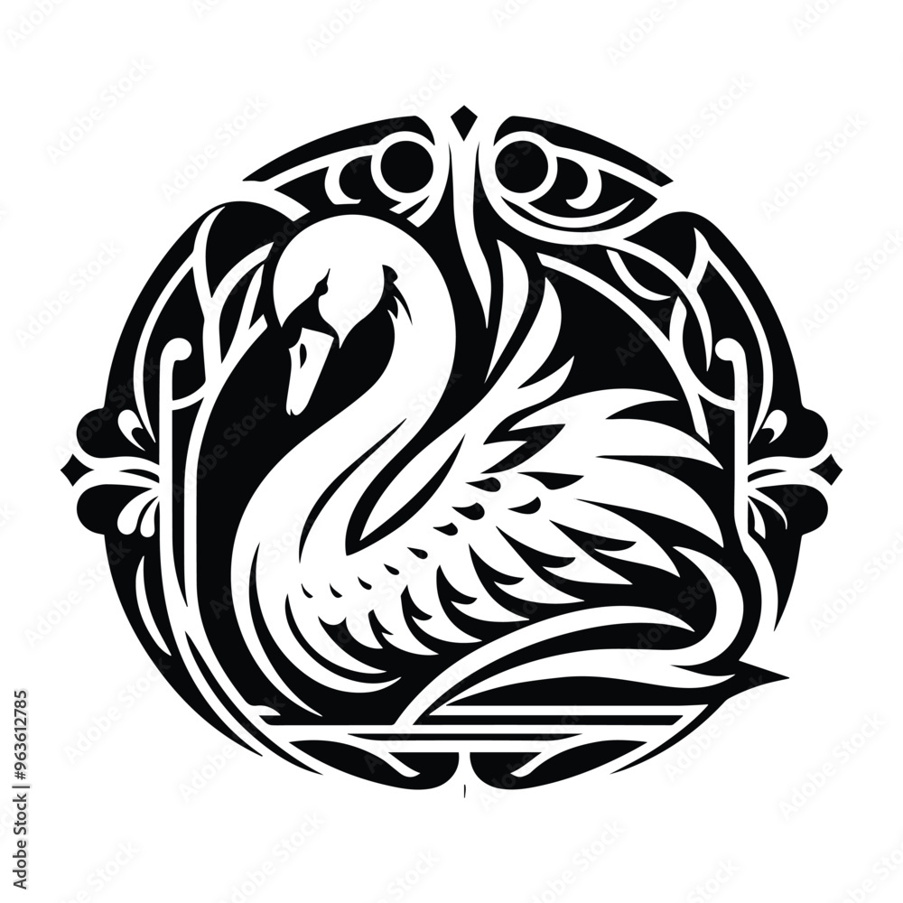 Obraz premium Swan bird with art nouveau decoration, stencil logo, black and white animal illustration