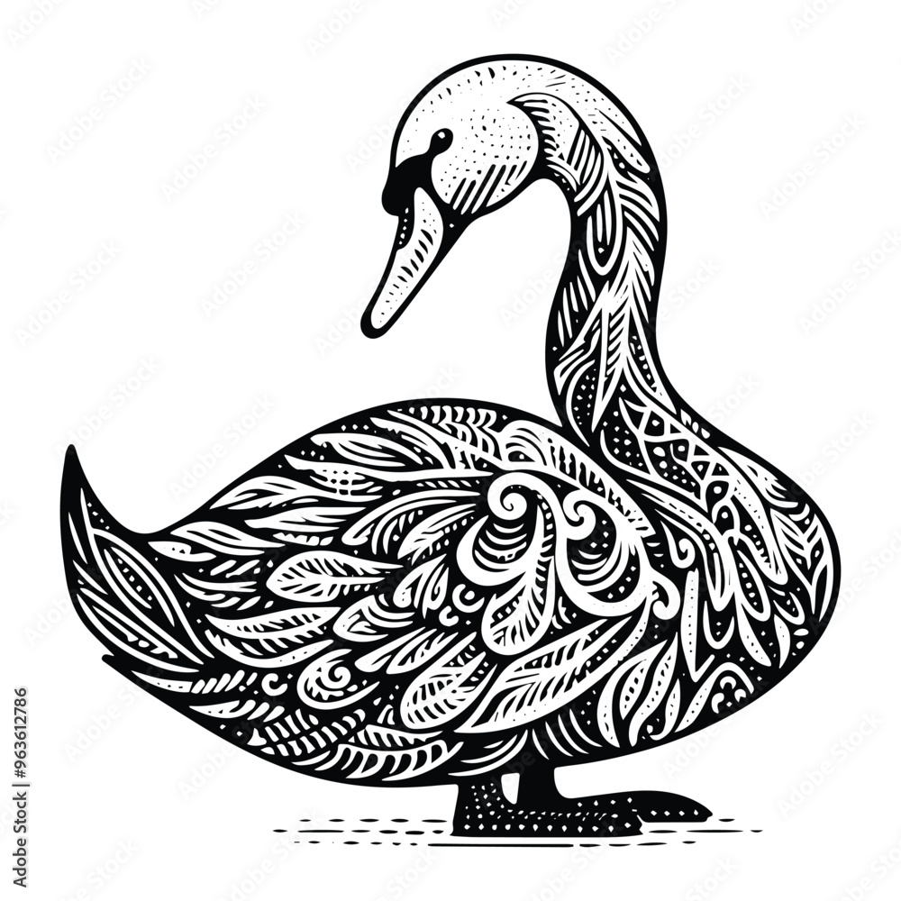 Fototapeta premium Swan bird in zentangle art, stencil logo, black and white animal illustration