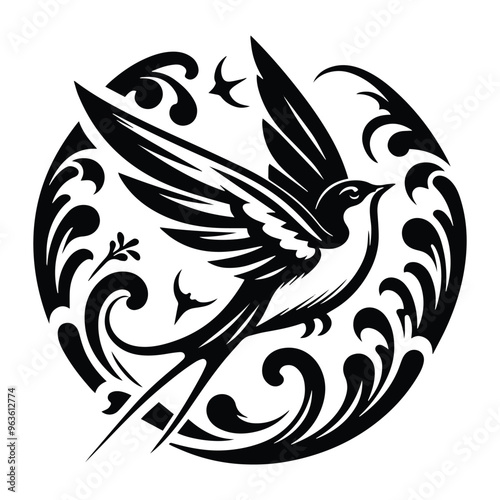 Swallow bird with victorian flourish decoration, stencil logo, black and white animal illustration