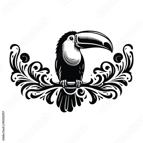 Toucan bird with victorian flourish decoration, stencil logo, black and white animal illustration