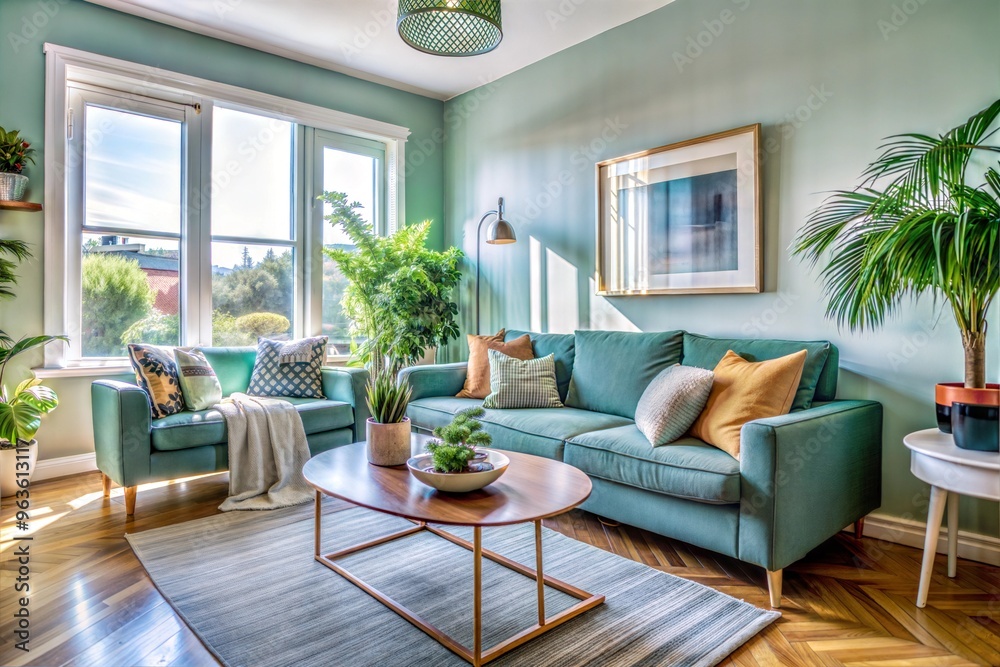 Living room with green decor elements and bright natural light Living room with green decor elements and bright natural light