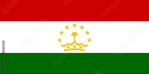 National Flag  Republic of Tajikistan, horizontal tricolor of red, white and green; charged with a crown surmounted by an arc of seven stars at the center