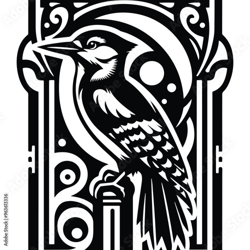 Woodpecker bird with art nouveau decoration, stencil logo, black and white animal illustration photo