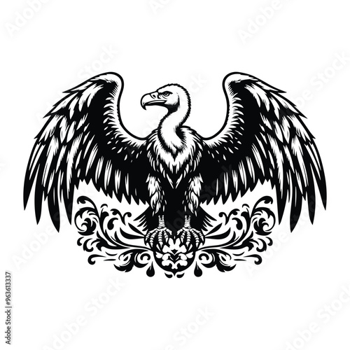 Vulture bird with victorian flourish decoration, stencil logo, black and white animal illustration photo