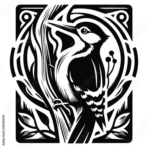 Woodpecker bird with art nouveau decoration, stencil logo, black and white animal illustration photo