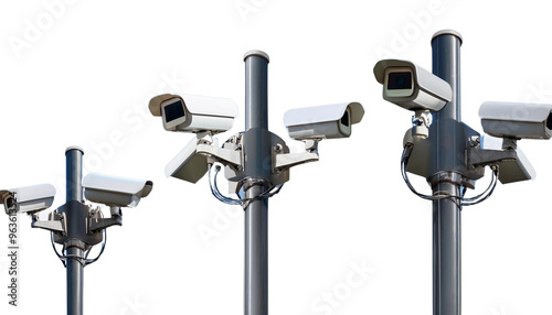 Security CCTV Cameras With Different Angles Installed on a Pole, Isolated on White Background