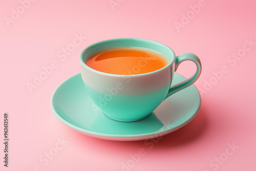  ceramic cup and saucer set placed centrally against a uniform, tea, soft pink background