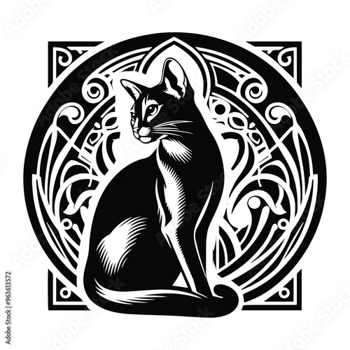 Abyssinian cat with art nouveau decoration, stencil logo, black and white animal illustration
