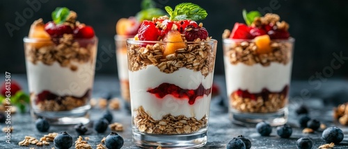 Three small glasses of fruit parfait with blueberries and raspberries