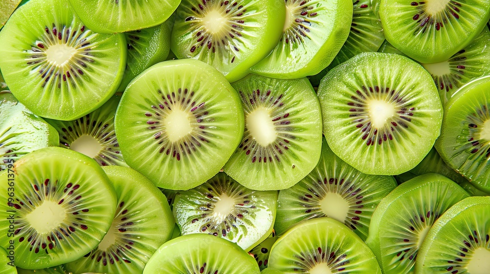 Full screen close-up of kiwi fruit cut into slices. Juicy refreshing fruit. Illustration for banner, poster, cover, brochure, advertisement, marketing, etc. Full screen close-up of kiwi fruit cut into slices. Juicy refreshing fruit. Illustration for banner, poster, cover, brochure, advertisement, marketing, etc.
