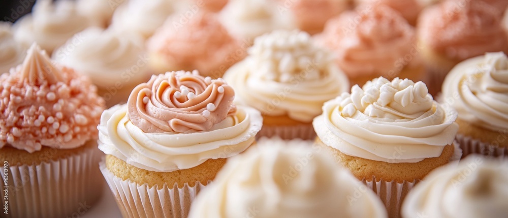 A row of cupcakes with different frosting and sprinkles A row of cupcakes with different frosting and sprinkles
