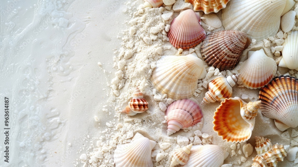 Seashells on white sand, beach vacation concept Seashells on white sand, beach vacation concept