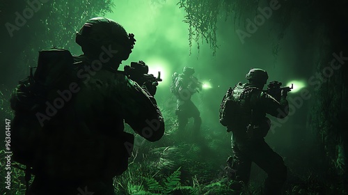 Silhouettes of Soldiers in Green Jungle Fog