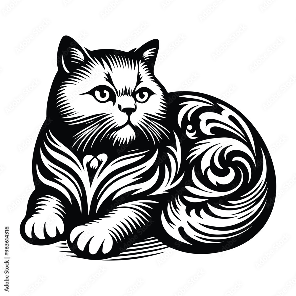 Obraz premium British Shorthair with victorian flourish decoration, stencil logo, black and white animal illustration