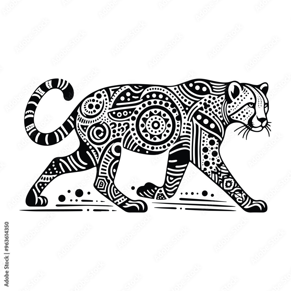 Fototapeta premium Cheetah in zentangle art, stencil logo, black and white animal illustration