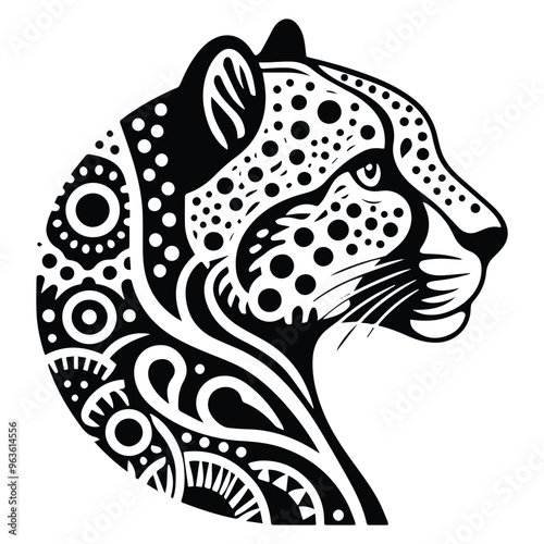 Cheetah in zentangle art, stencil logo, black and white animal illustration