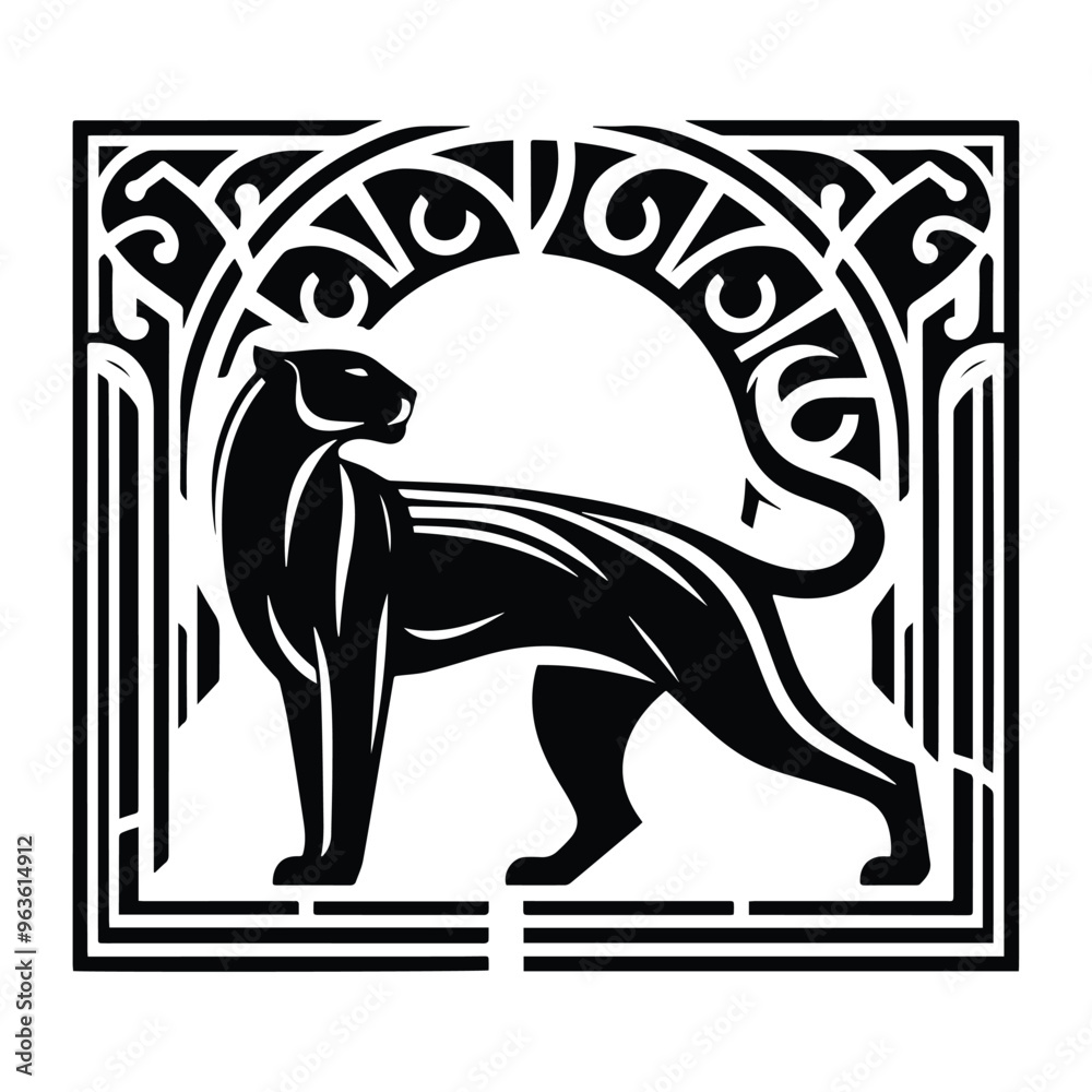 Fototapeta premium Jaguar with art deco decoration, stencil logo, black and white animal illustration