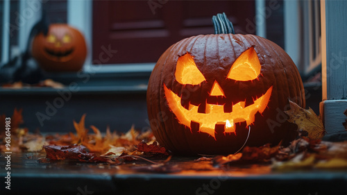 A close-up of a carved pumpkin with a spooky face, lit from within, placed on a porch surrounded by fall leaves and Halloween decorations. The scene captures the essence of Halloween with a focus on t photo