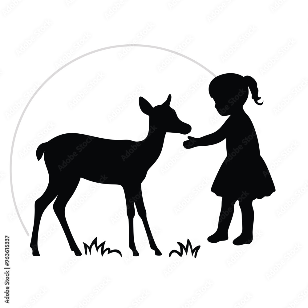 Fototapeta premium a Little girl playing with young deer vector silhouette illustration, isolated white background 