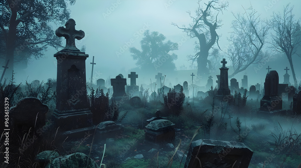 Spooky graveyard on a misty night with fog drifting among the tombstones and trees.