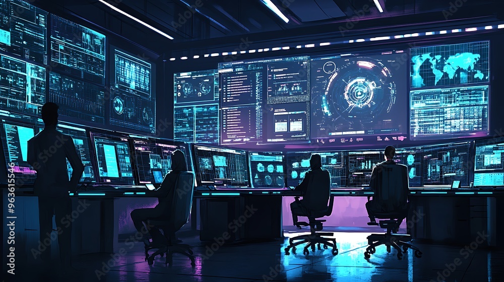 Cybersecurity Team Monitoring Global Network on Monitors Cybersecurity Team Monitoring Global Network on Monitors