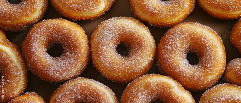 A row of donuts with powdered sugar on top A row of donuts with powdered sugar on top