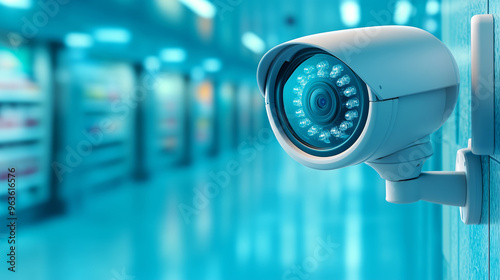 Security camera monitoring a well-lit corridor at dusk