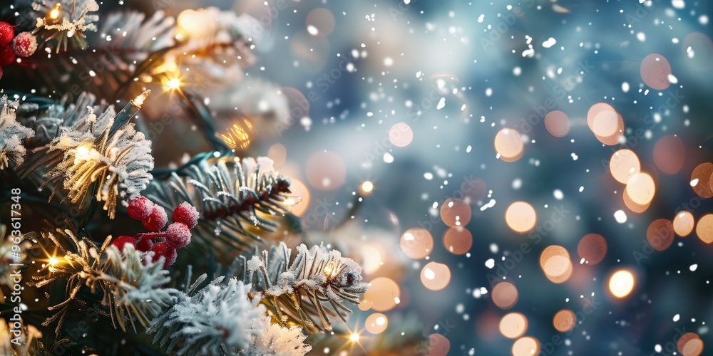 Close-up of a snow-dusted Christmas tree adorned with glowing lights and red berries, set against a magical bokeh background evoking the festive warmth of the holiday season Close-up of a snow-dusted Christmas tree adorned with glowing lights and red berries, set against a magical bokeh background evoking the festive warmth of the holiday season