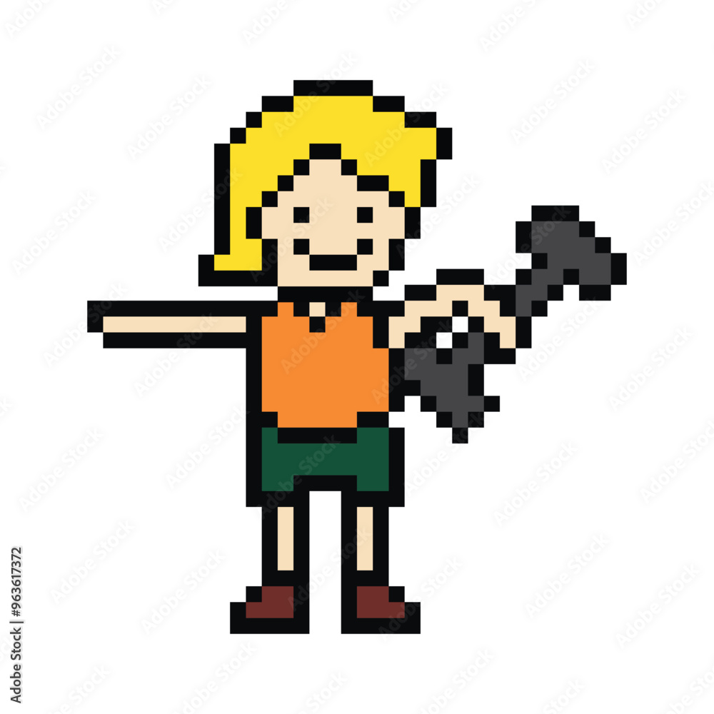 Obraz premium Cute pixel cartoon 8bit character man weight training with dumbbell lifestyle lifting gym decoration life style 8 bit male boy weight fitness isolated PNG vector.