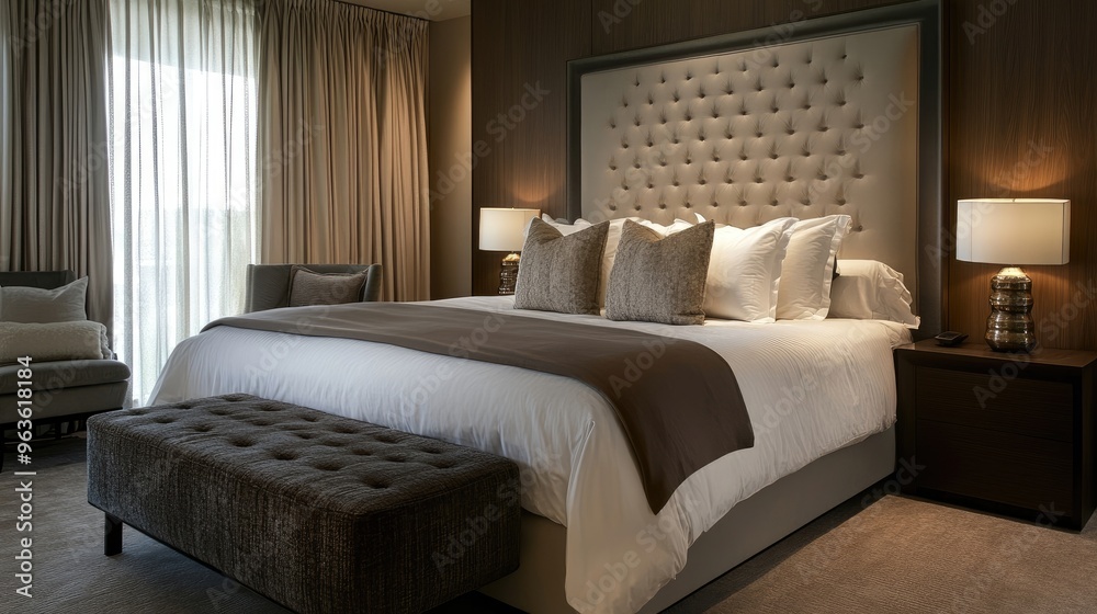 A contemporary bedroom featuring a king-size bed with luxurious bedding A contemporary bedroom featuring a king-size bed with luxurious bedding