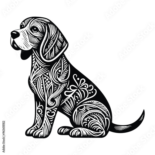 Beagle dog in zentangle art, stencil logo, black and white animal illustration
