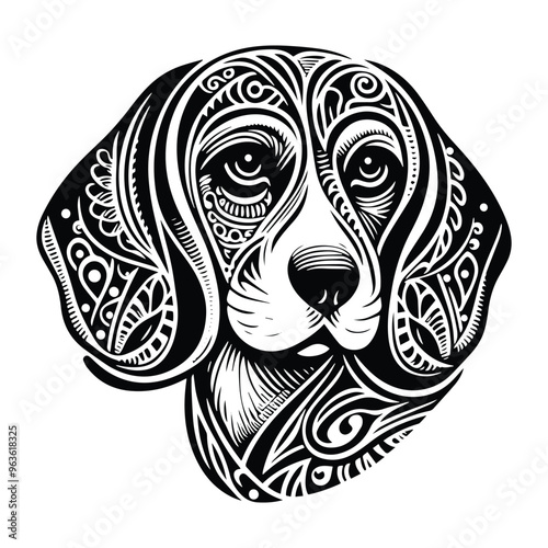 Beagle dog in zentangle art, stencil logo, black and white animal illustration