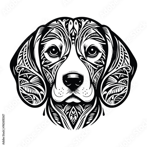 Beagle dog in zentangle art, stencil logo, black and white animal illustration